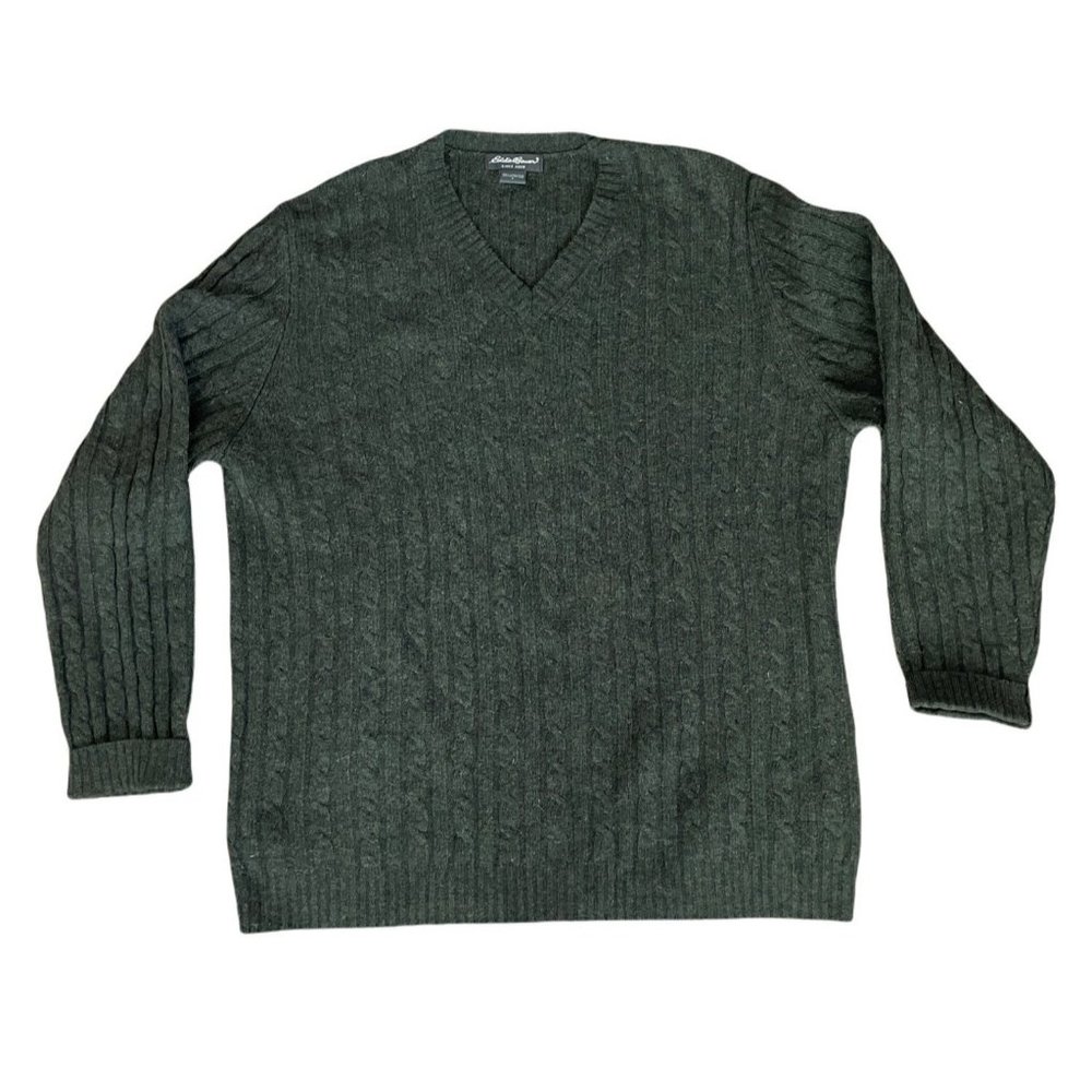 Eddie Bauer Mens LG V-Neck Sweater Lambswool Forest Green Cable Knit Lightweight